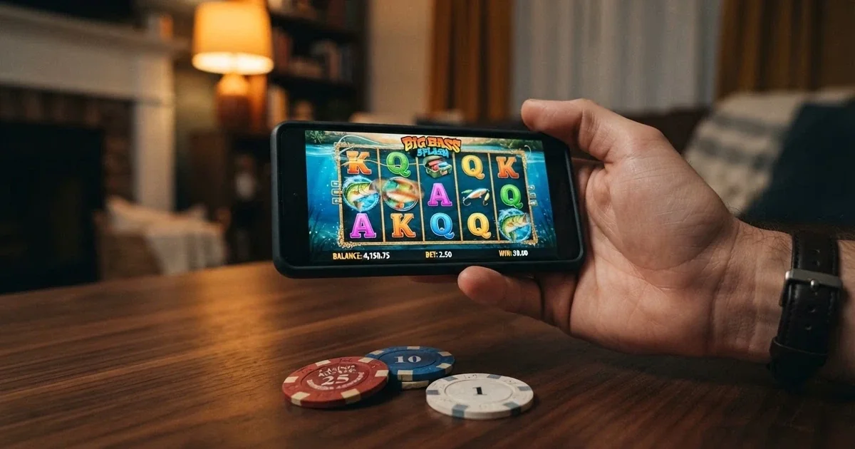 Una mano sujetando un móvil con una tragaperras de colores en pantalla y varias fichas de casino sobre una mesa