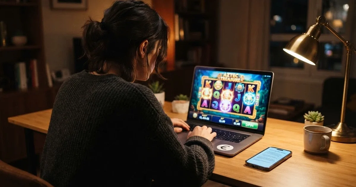 Un jugador frente a la pantalla de un casino online con licencia española, consultando los términos de un bono sin depósito de 50 € en el móvil