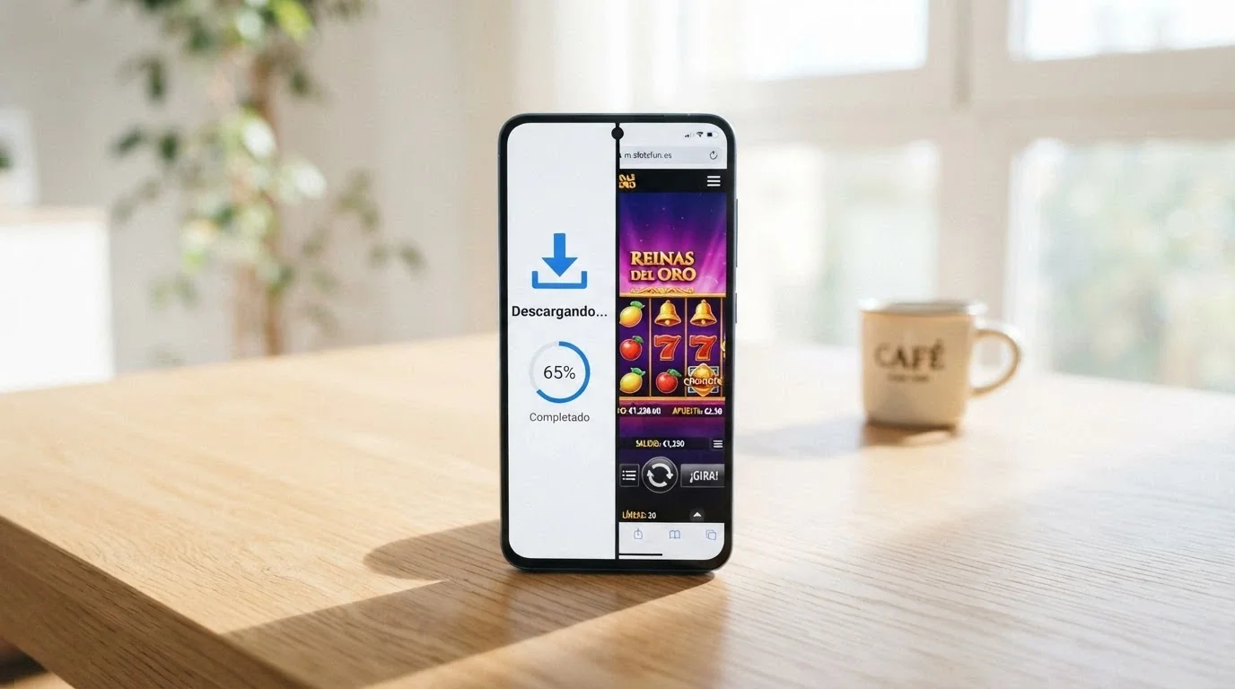 Pantalla dividida de un móvil: a la izquierda el icono de descarga de una app de casino, a la derecha el mismo casino abierto en el navegador Chrome, ambos mostrando el mismo juego de tragaperras