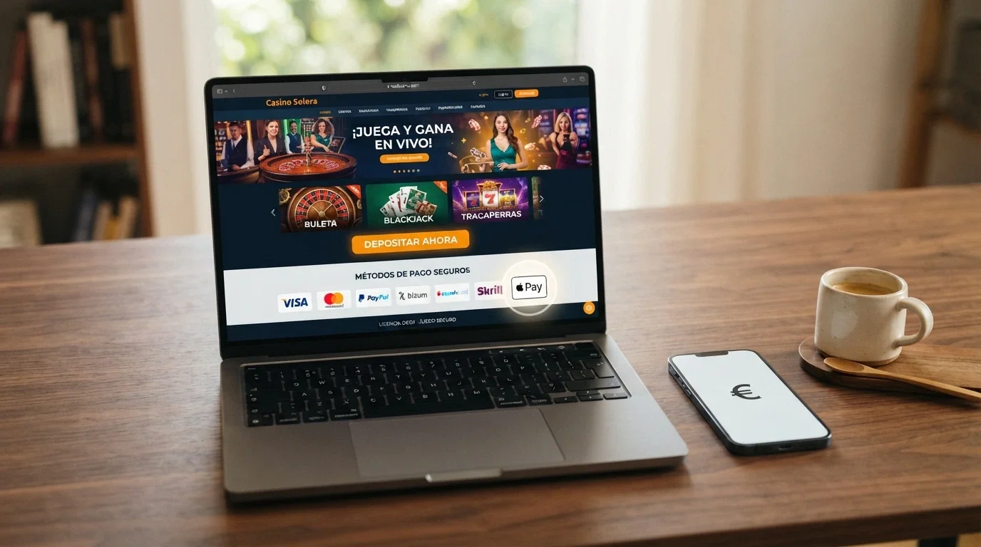 Pantalla de inicio de un casino online español con el icono de Apple Pay destacado entre los métodos de pago disponibles