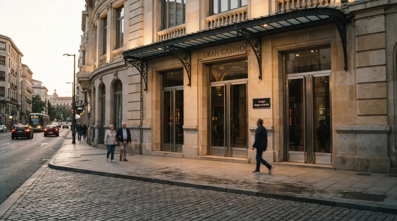 La fachada de un casino físico español con un cartel de «juego responsable» junto a la puerta de entrada