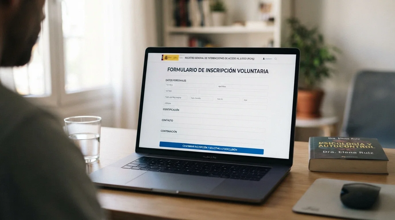 Un formulario en pantalla con el encabezado «Registro General de Interdicciones de Acceso al Juego» y un botón de «Solicitar inscripción»