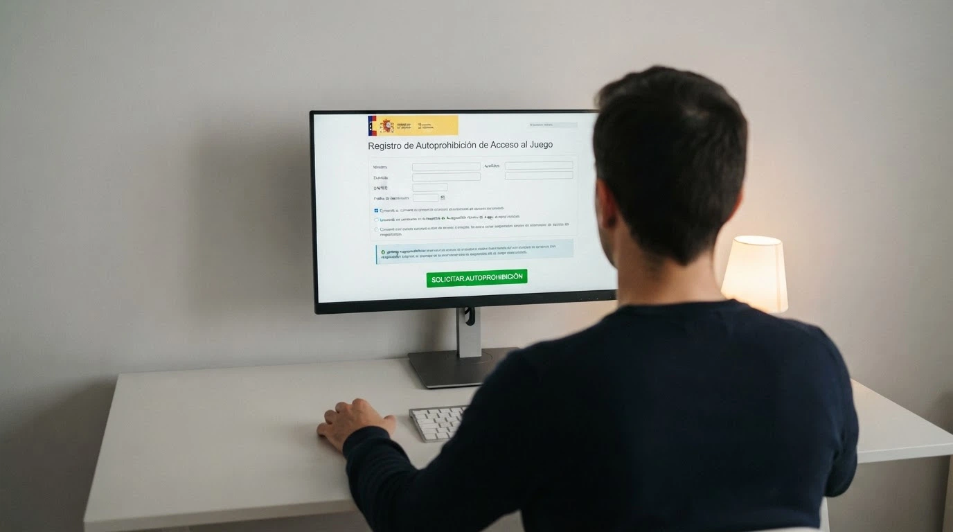 Formulario de inscripción en el RGIAJ en la pantalla de un ordenador, con el botón «Solicitar autoprohibición» en primer plano