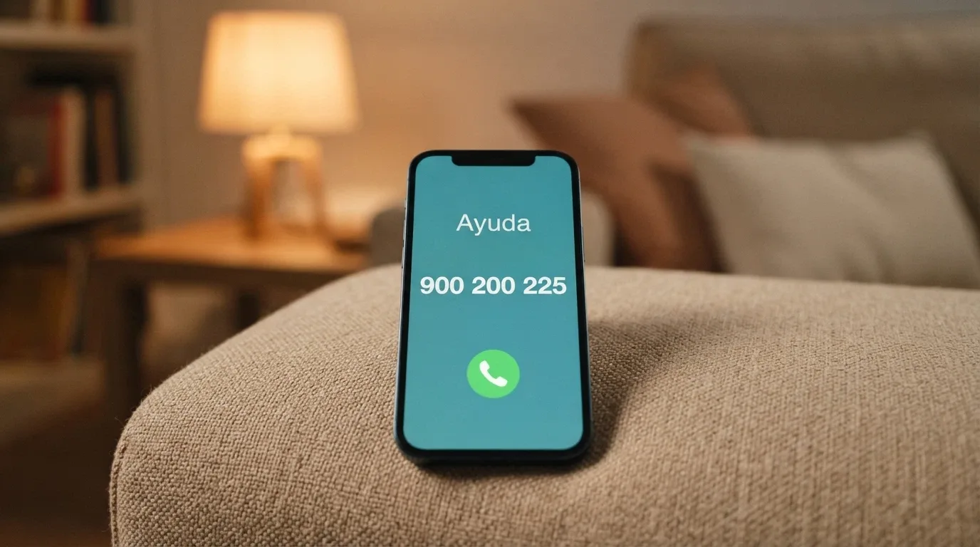 Primer plano de un teléfono móvil mostrando el número 900 200 225 junto al logotipo de FEJAR