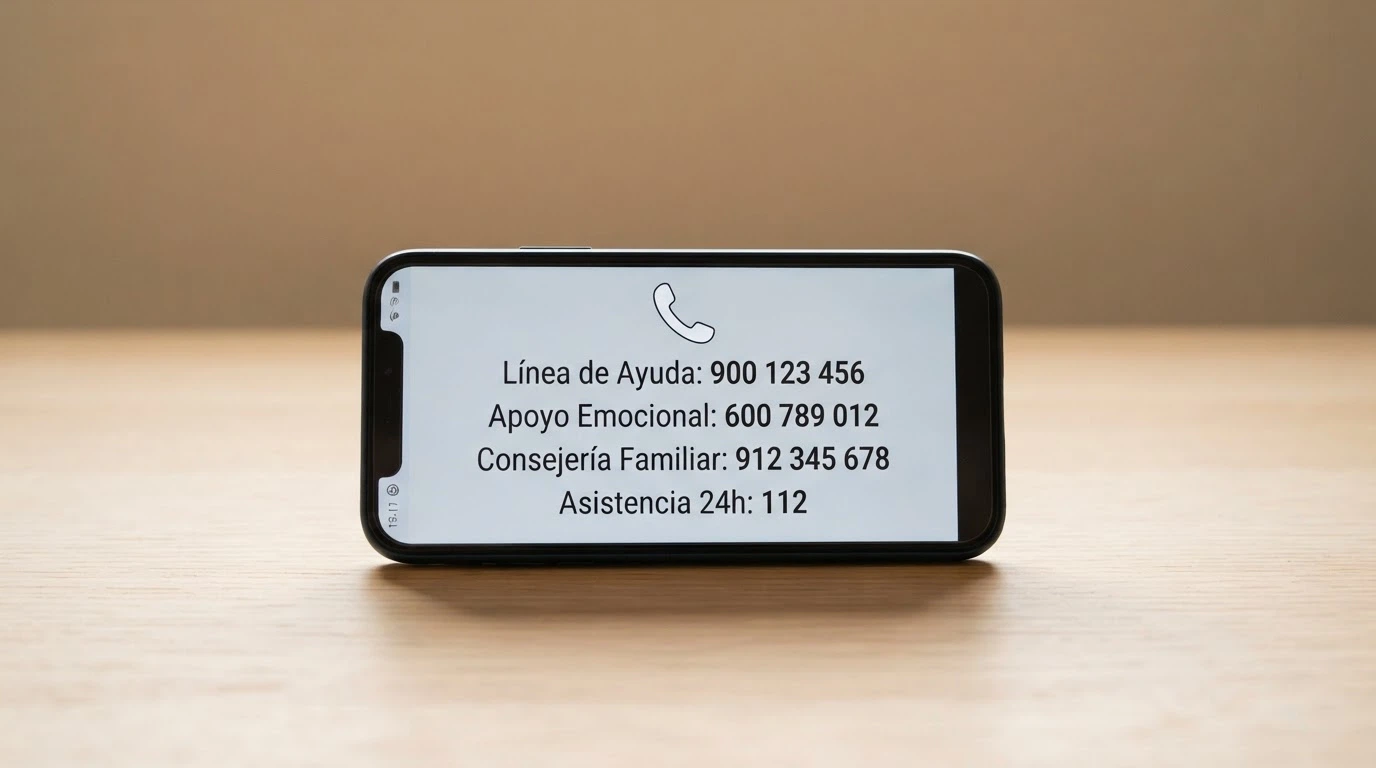 Un teléfono móvil con el icono de llamada y una lista de números de ayuda de comunidades autónomas