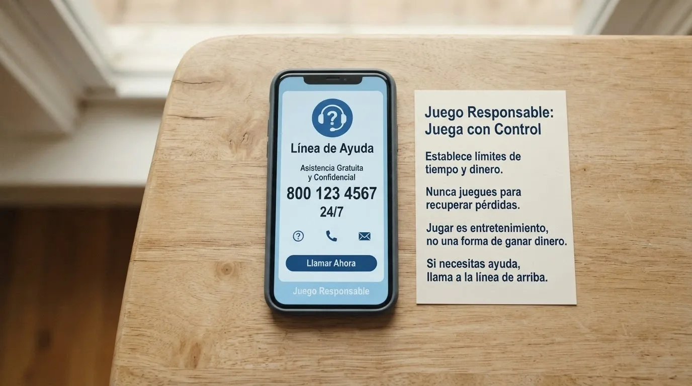 Un teléfono móvil mostrando el número 900 533 025 (FEJAR) y la web fejar.org junto a un folleto informativo sobre juego responsable