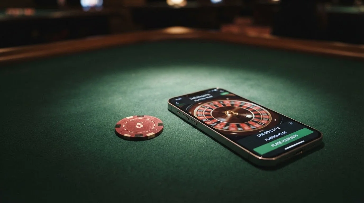Ficha de 5 euros junto a una pantalla con una ruleta online en modo demo