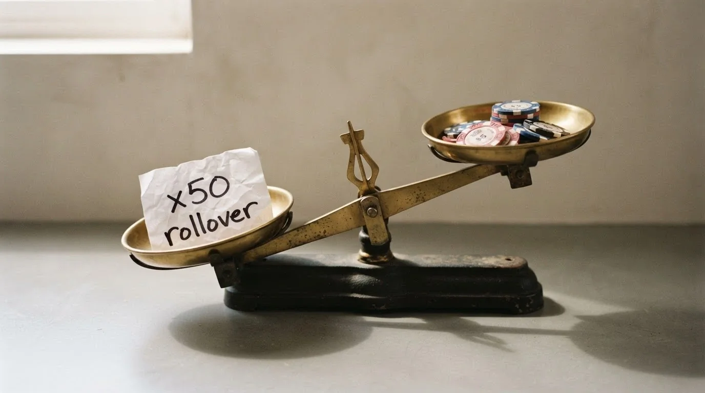 Una balanza de cocina con monedas de euro en un platillo y un papel arrugado con «x50 rollover» en el otro, sobre fondo neutro