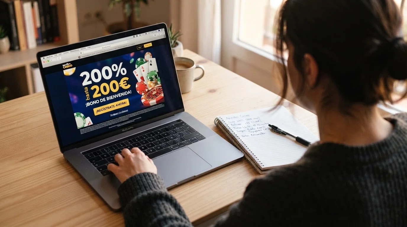 Pantalla de inicio de un casino online con el banner de bienvenida «200% hasta 200€», y un cuaderno abierto al lado con anotaciones a mano sobre rollover y plazos