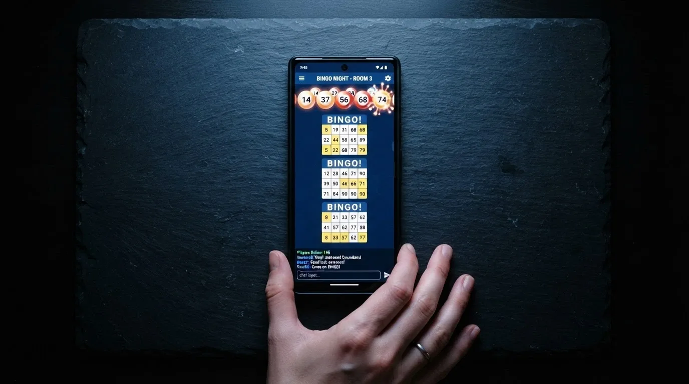 Un teléfono móvil mostrando una sala de bingo online activa con varios cartones en pantalla y el chat de sala abierto