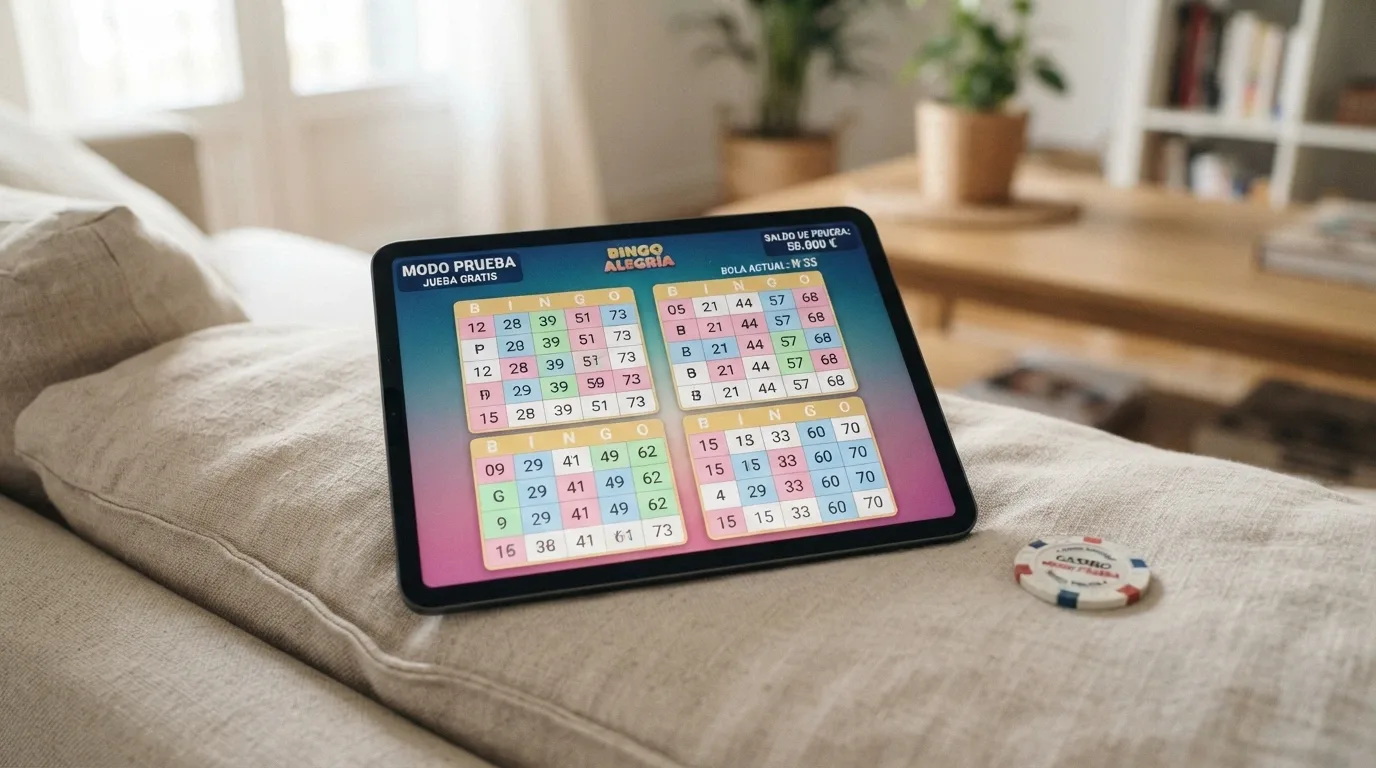 Pantalla de un juego de bingo en modo demo con saldo de juego ficticio y la etiqueta «modo prueba» visible en la esquina