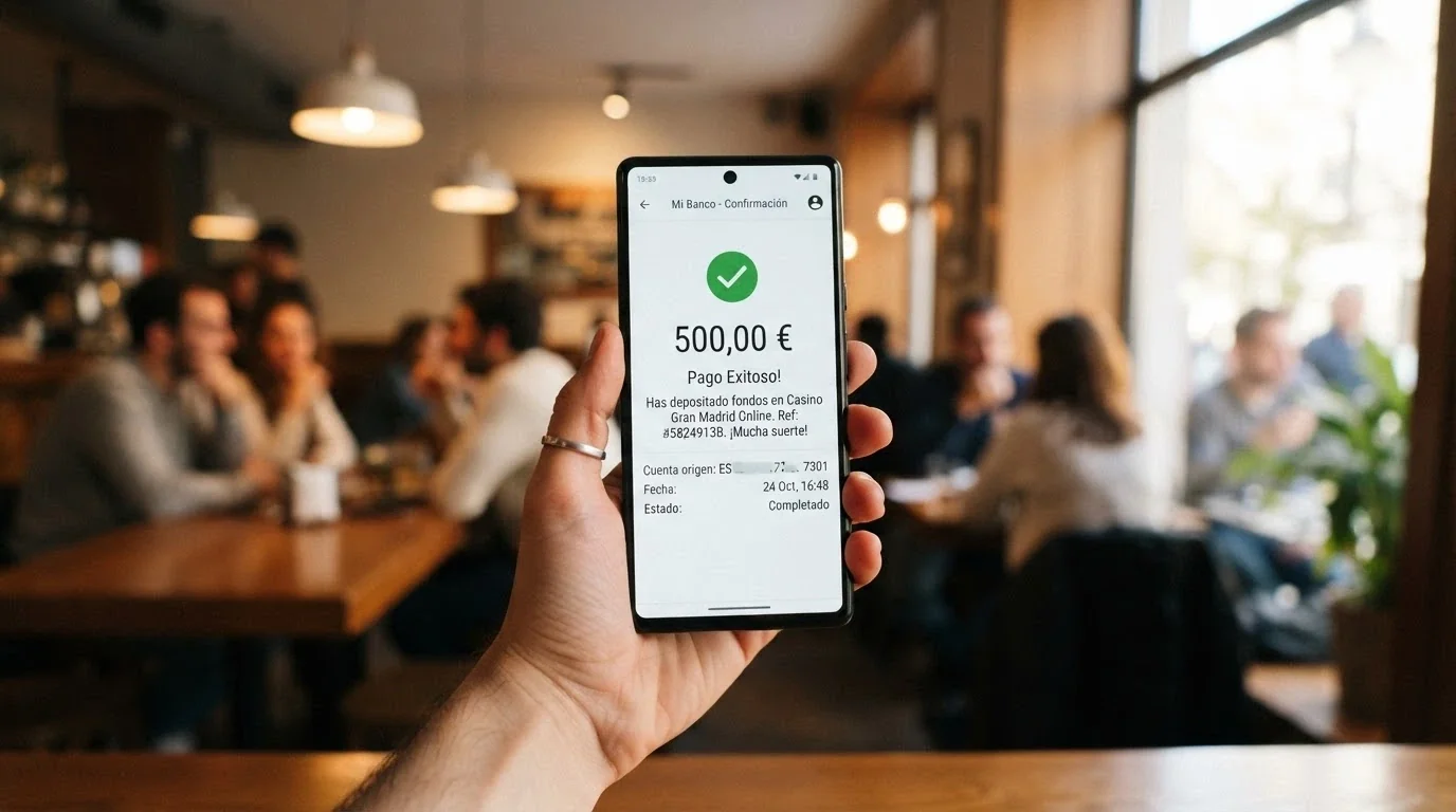 Pantalla de un móvil mostrando la app de Bizum con el icono de envío a un casino .es