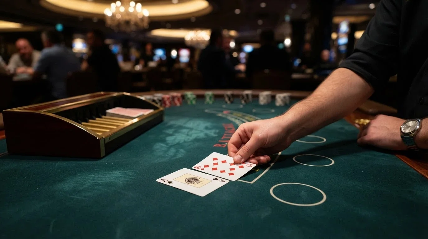Un crupier repartiendo cartas en una mesa de blackjack en vivo con siete asientos virtuales ocupados en la interfaz
