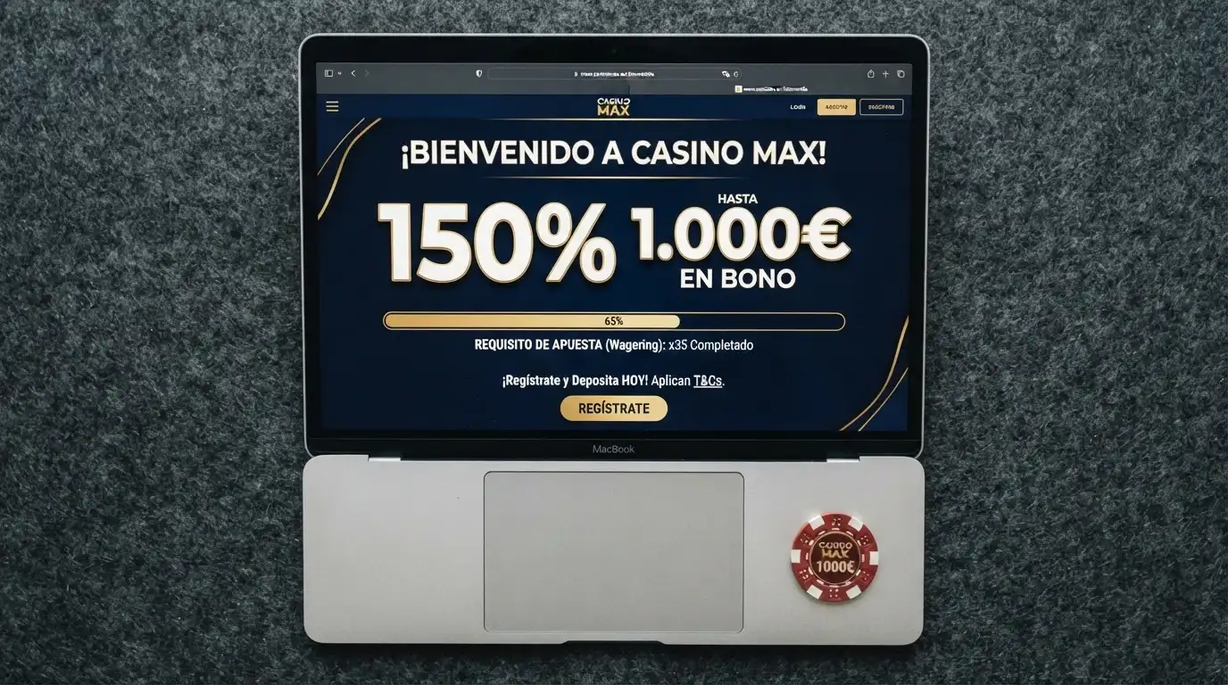 Primer plano de una pantalla con los términos de un bono de bienvenida: porcentaje, importe máximo y multiplicador de apuesta resaltados
