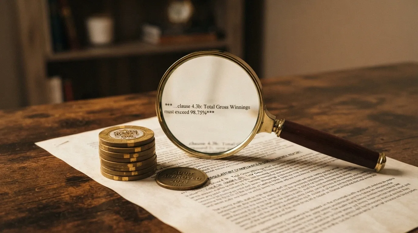 Una pila de monedas BNB junto a una lupa que revela un documento con letra pequeña y un porcentaje tachado