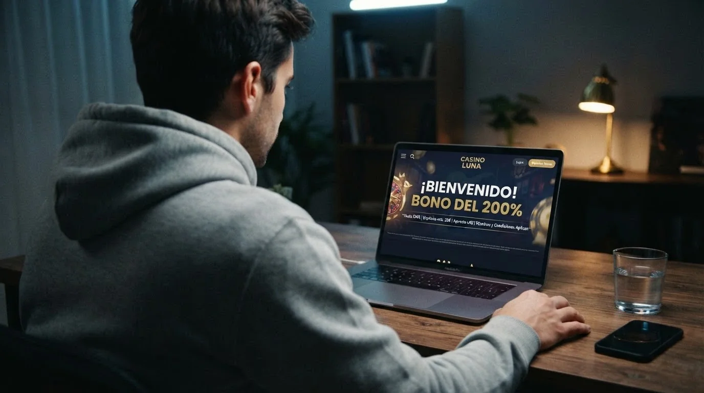 Pantalla de bienvenida de un casino crypto mostrando una oferta de bono con su porcentaje y condiciones en letra pequeña