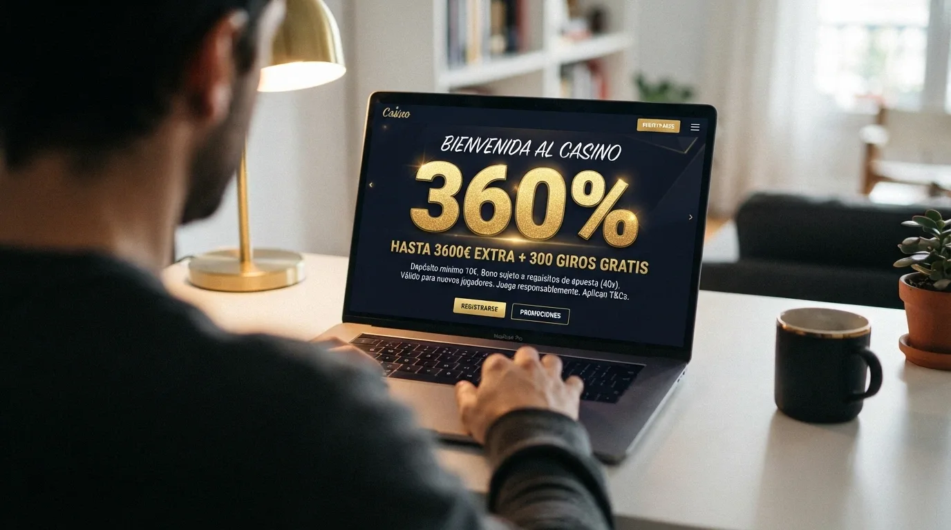 Pantalla de bienvenida de un casino online con la oferta de bono destacada y la letra pequeña de condiciones visibles