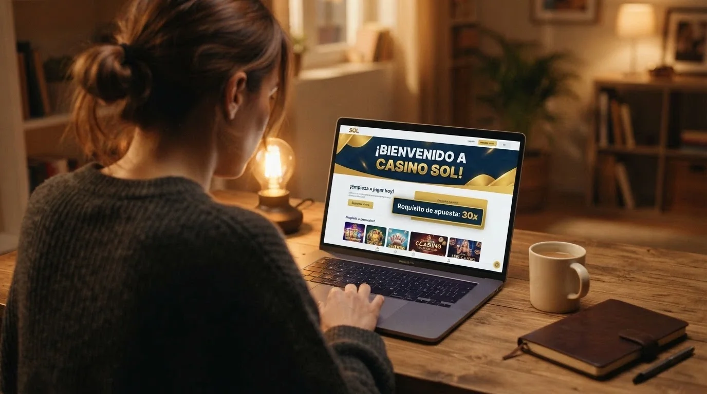 Un jugador revisando los términos y condiciones de un bono de bienvenida en la pantalla de un casino online español, con el requisito de apuesta resaltado