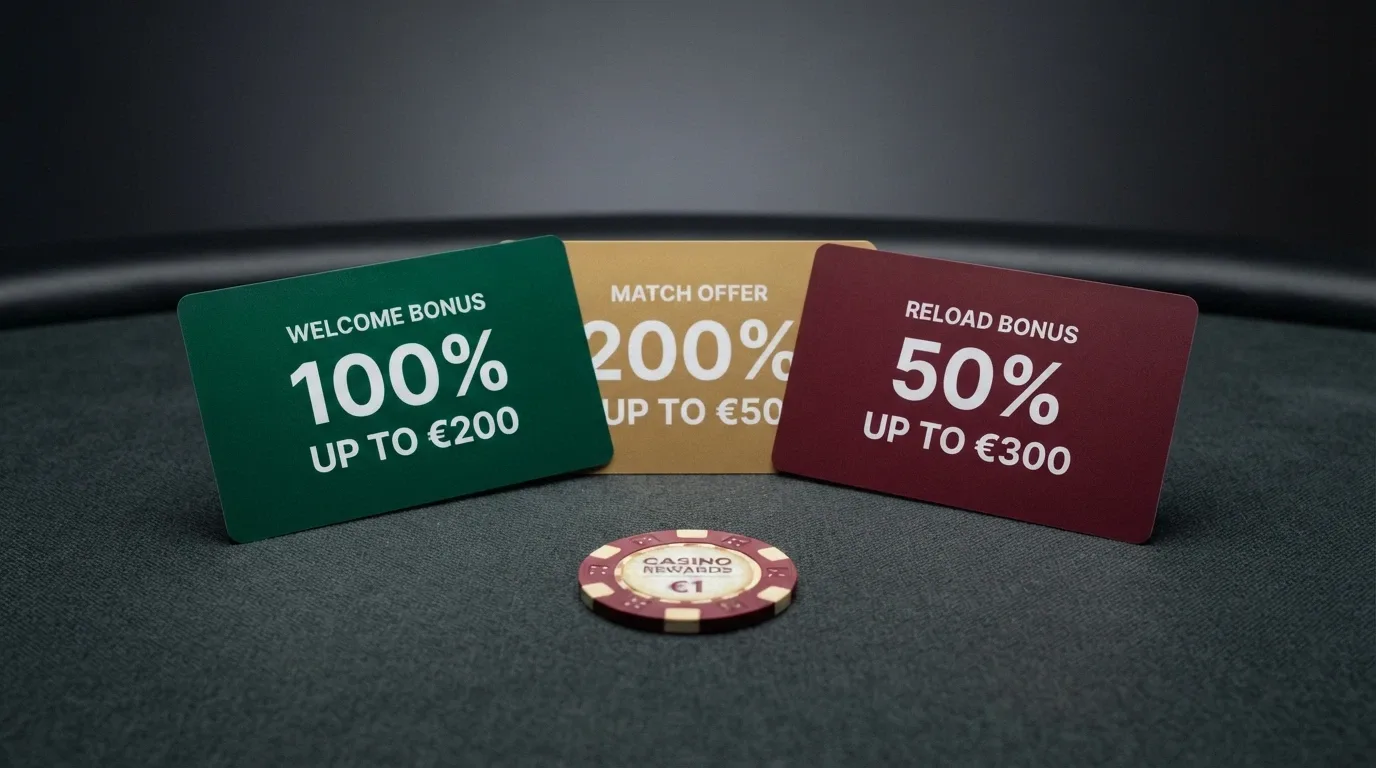 Comparación visual de tres ofertas de bono de bienvenida con importes, requisitos de apuesta y plazos de validez diferentes