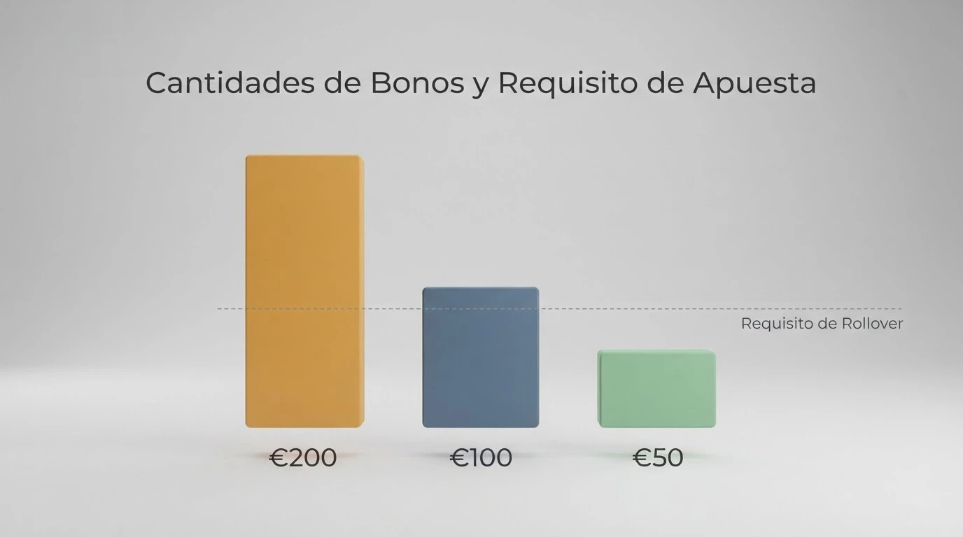 Comparativa visual de tres bonos de bienvenida con el mismo porcentaje pero distintos topes, depósitos mínimos y plazos