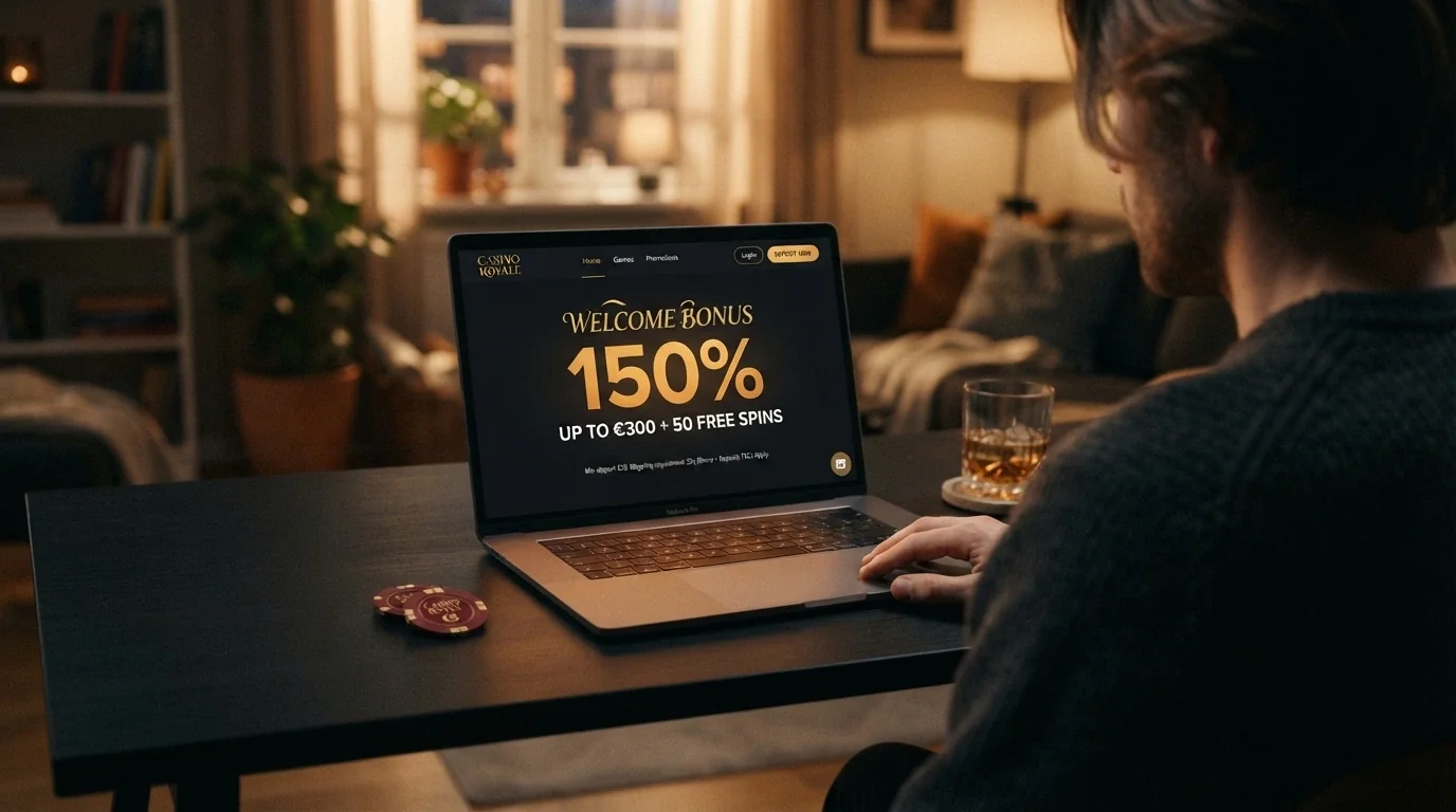 Pantalla de oferta de bono de bienvenida en un casino crypto con el porcentaje de match, el código y la letra pequeña del wagering visibles