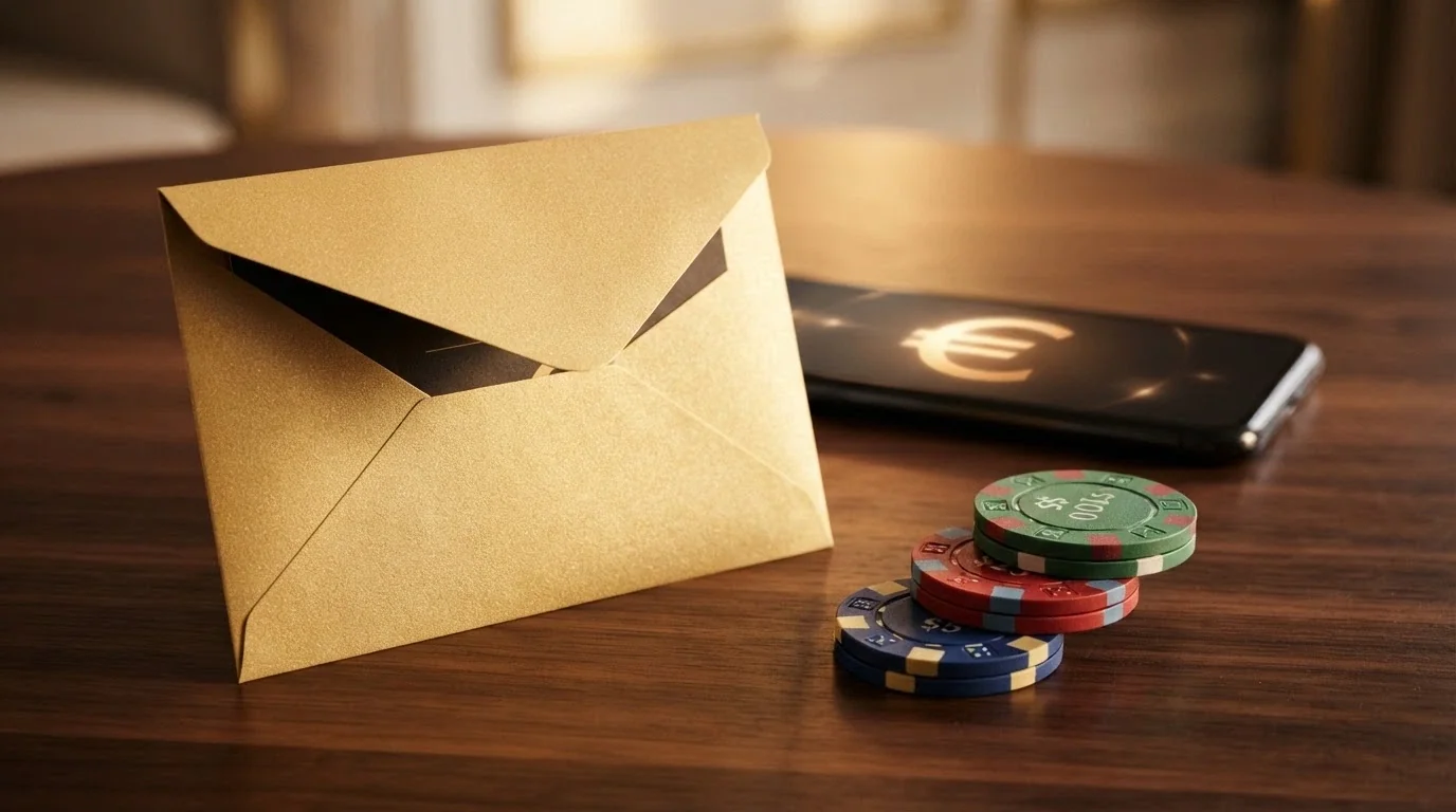 Un sobre dorado de bienvenida sobre un fondo de casino con fichas y el símbolo USDC