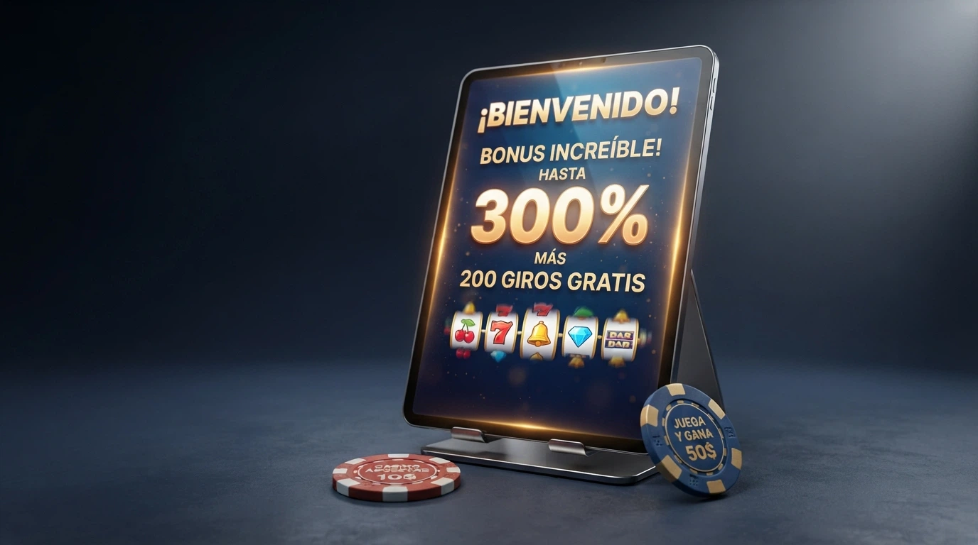 Pantalla promocional de un bono de bienvenida en un casino USDT con el porcentaje de match y los giros gratis destacados
