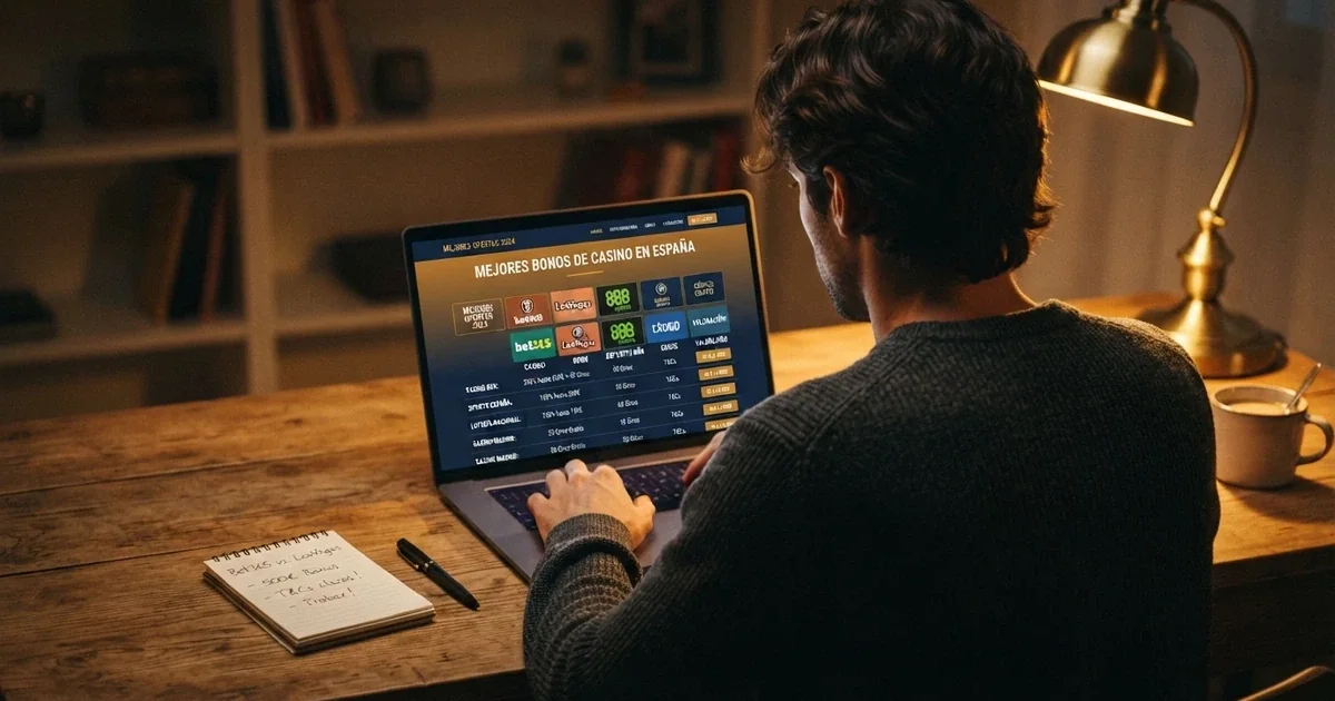 Persona comparando ofertas de bono de casino en la pantalla de un ordenador portátil, con una tabla de operadores visible