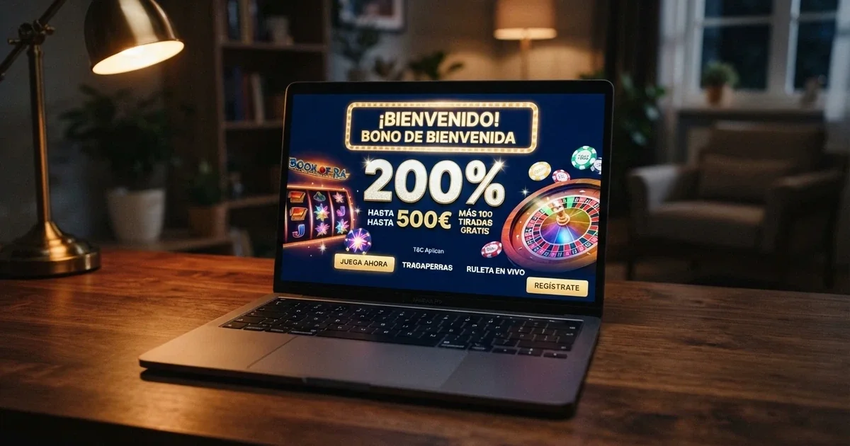 Interfaz de un casino online español mostrando una oferta de bono de bienvenida del 200% sobre el primer depósito