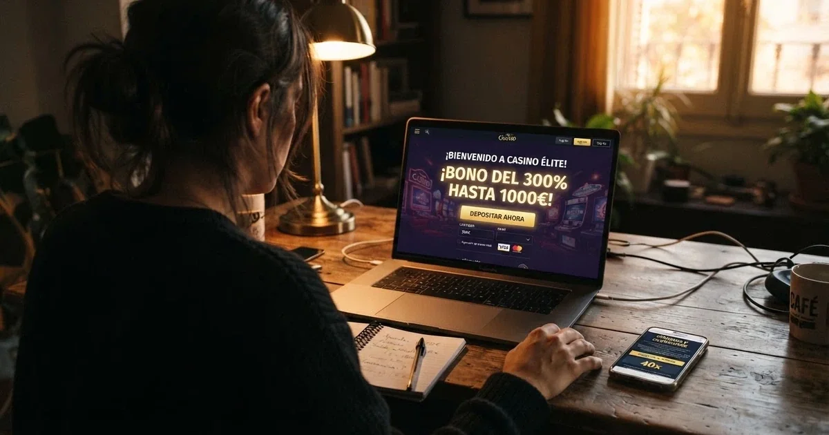 Jugador consultando las condiciones de un bono de casino en el móvil, con una calculadora y un ordenador mostrando la web de un casino online español