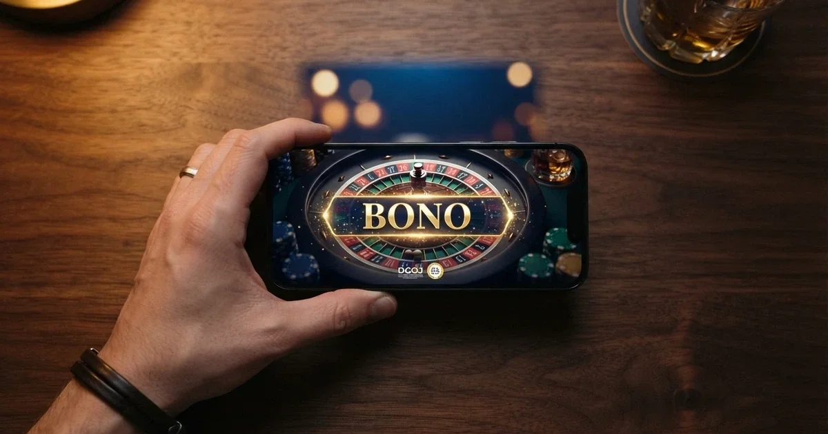 Manos sosteniendo un móvil con la pantalla mostrando una ruleta de casino y la palabra «Bono» en español, sobre un fondo azul oscuro con sutiles elementos de fichas de póquer