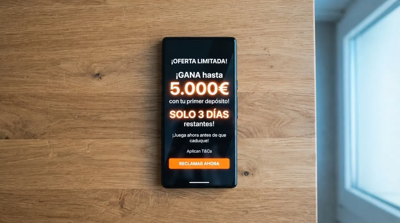 Primer plano de un móvil mostrando una pantalla de bono sin depósito con las cifras de ganancia máxima y plazo destacadas