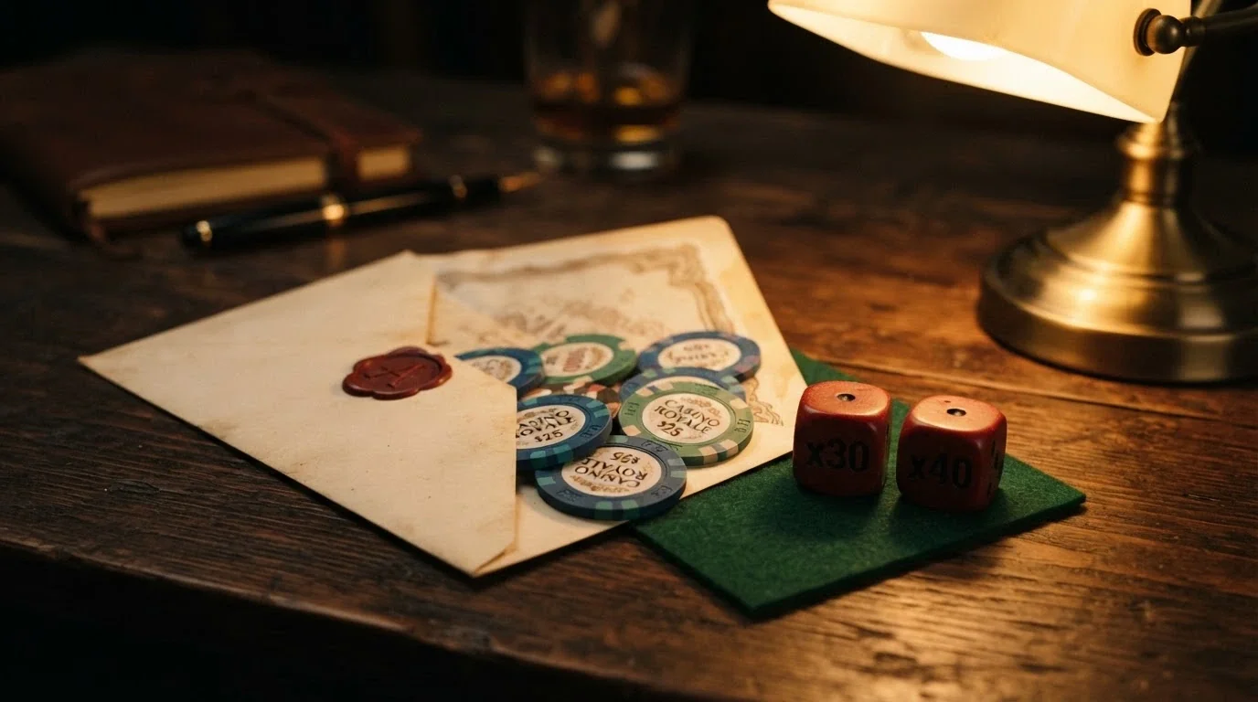 Un sobre de bienvenida abierto del que salen varias monedas y un dado de casino con el texto x30 y x40 visibles en dos de sus caras
