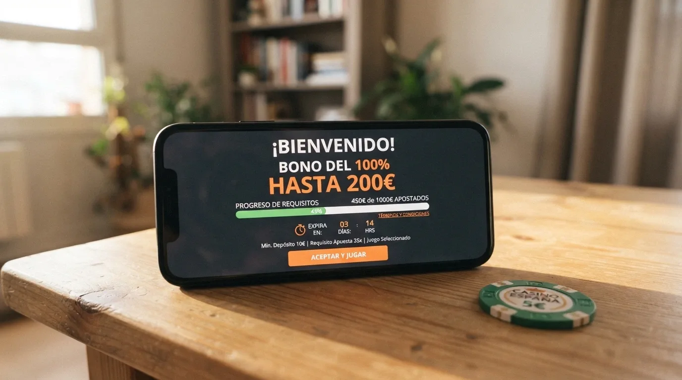 Interfaz de bienvenida de un casino mostrando una oferta de bono con las condiciones de rollover y caducidad visibles en pantalla