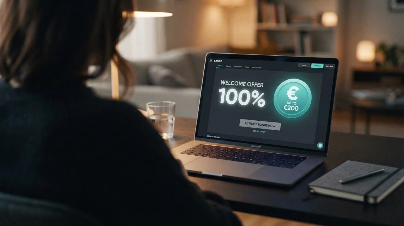 Pantalla de promoción de bono de bienvenida en un criptocasino con el porcentaje de igualación y la letra pequeña visible