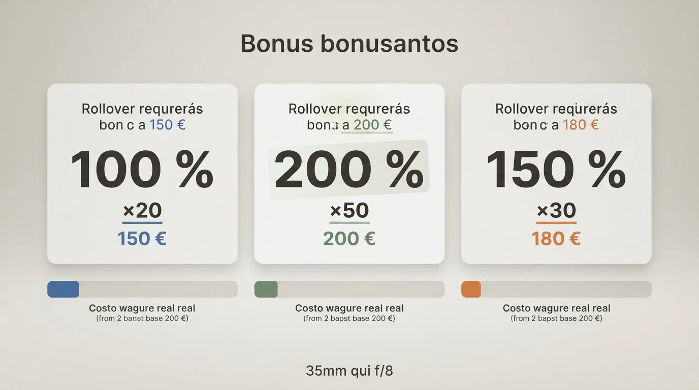 Comparativa visual de tres bonos con distinto porcentaje de igualación, rollover y plazo de validez