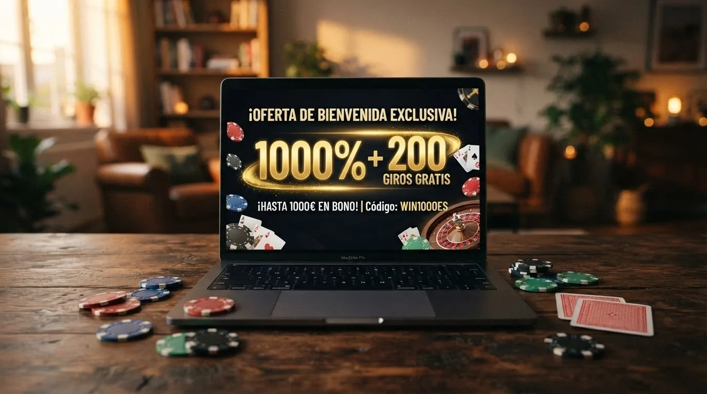 Pantalla de promoción de bienvenida de un casino online con el porcentaje de bono destacado y fichas de póker esparcidas alrededor