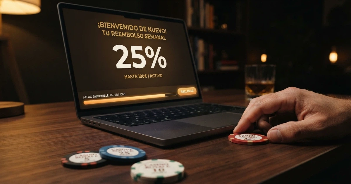 Pantalla de casino online con la sección de reembolso activa, mostrando un porcentaje de devolución junto a fichas de ruleta y una barra de saldo
