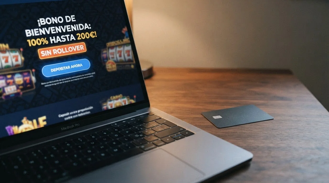 Primer plano de una tarjeta de crédito junto a una pantalla que muestra un bono de bienvenida del 100% hasta 200 € con el texto «sin rollover» destacado en la interfaz del casino