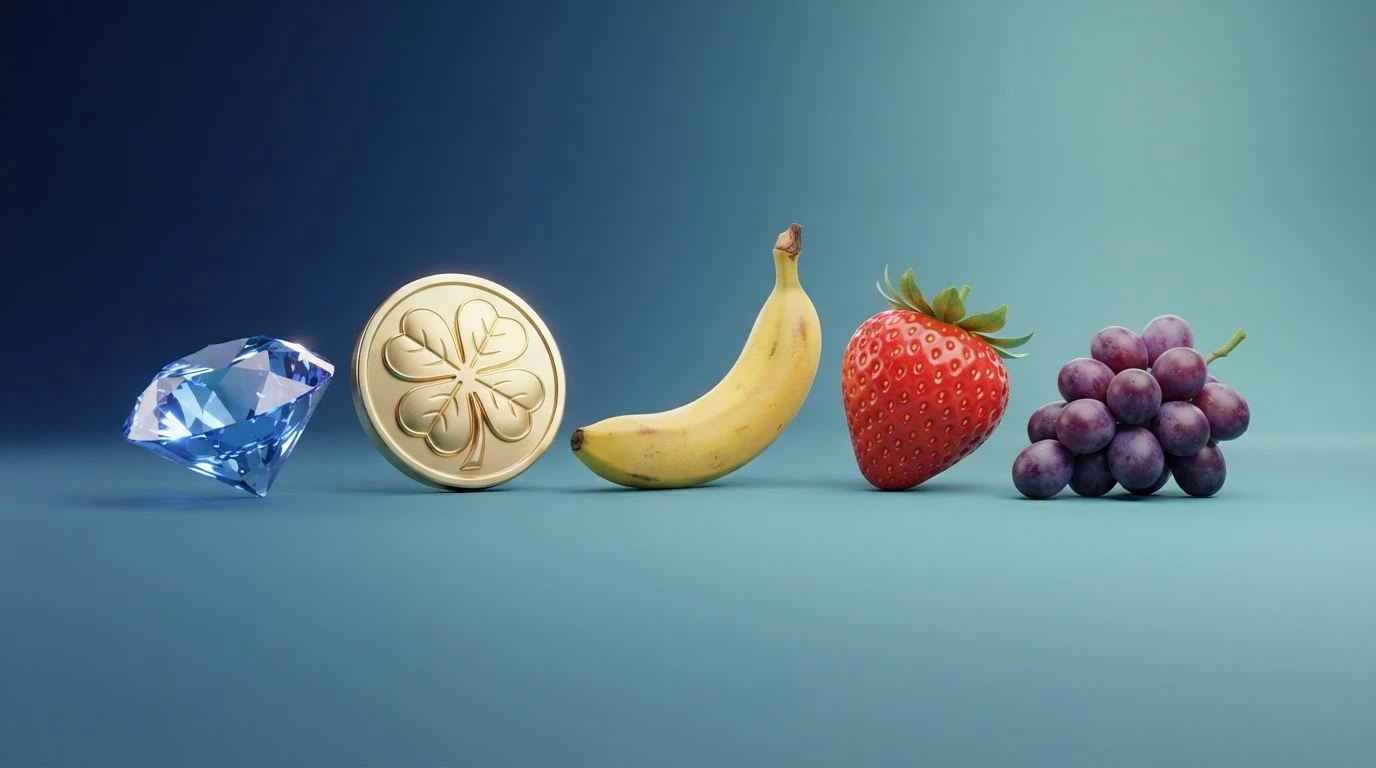 Los cinco símbolos del Bonus Crab con sus respectivos premios: diamante, trébol, plátano, fresa y uva