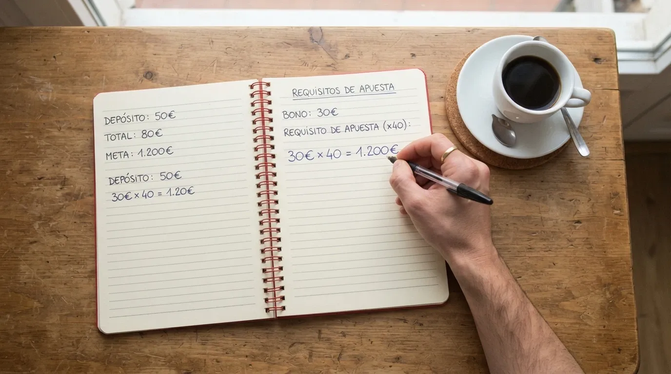 Una calculadora junto a una libreta donde se ve la fórmula «30€ × 40 = 1.200€» escrita a mano, con una taza de café al lado