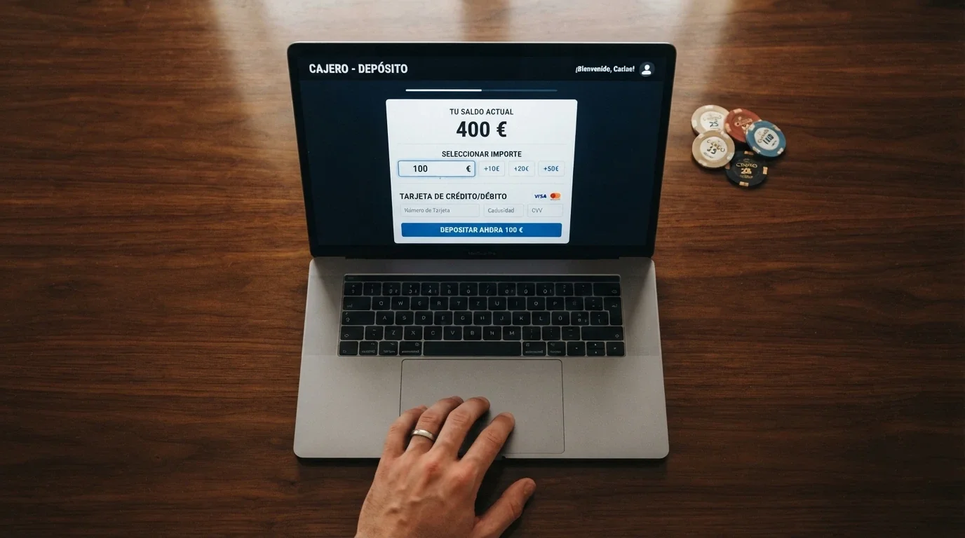 Pantalla de un casino online mostrando un depósito de 100 € que se convierte en 400 € de saldo con un bono del 300%