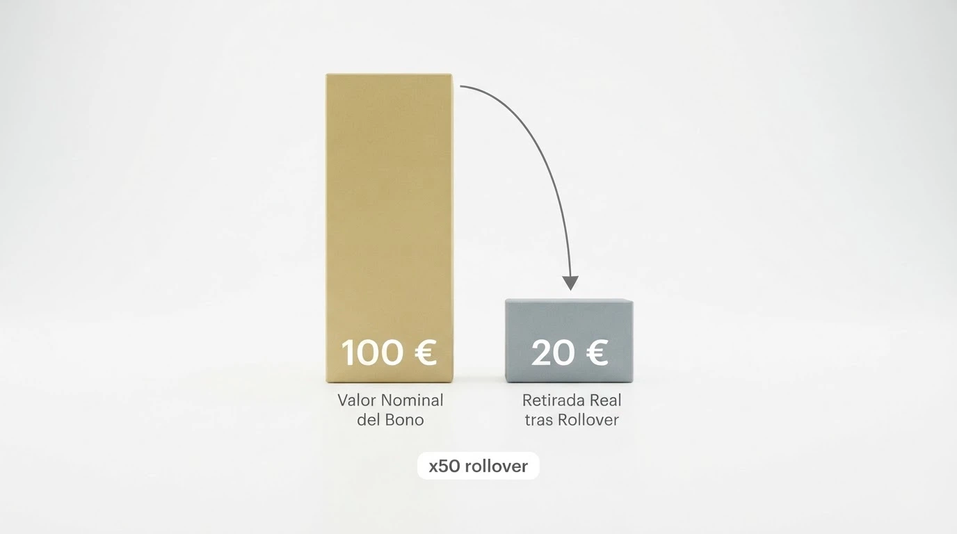 Comparación visual entre el valor nominal de un bono de cumpleaños y el dinero que realmente puede retirarse tras el rollover