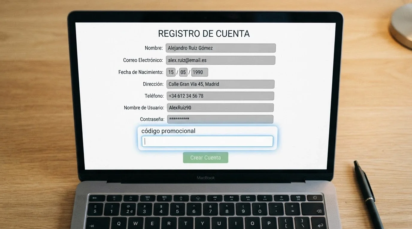 Primer plano de un formulario de registro de casino online en español, con el campo «código promocional» resaltado y todos los demás campos cumplimentados.