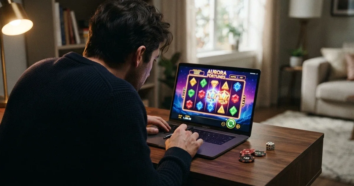 Jugador consultando una tabla comparativa de casinos con tiradas gratis en la pantalla de un portátil, con fichas de casino y un dado en la mesa