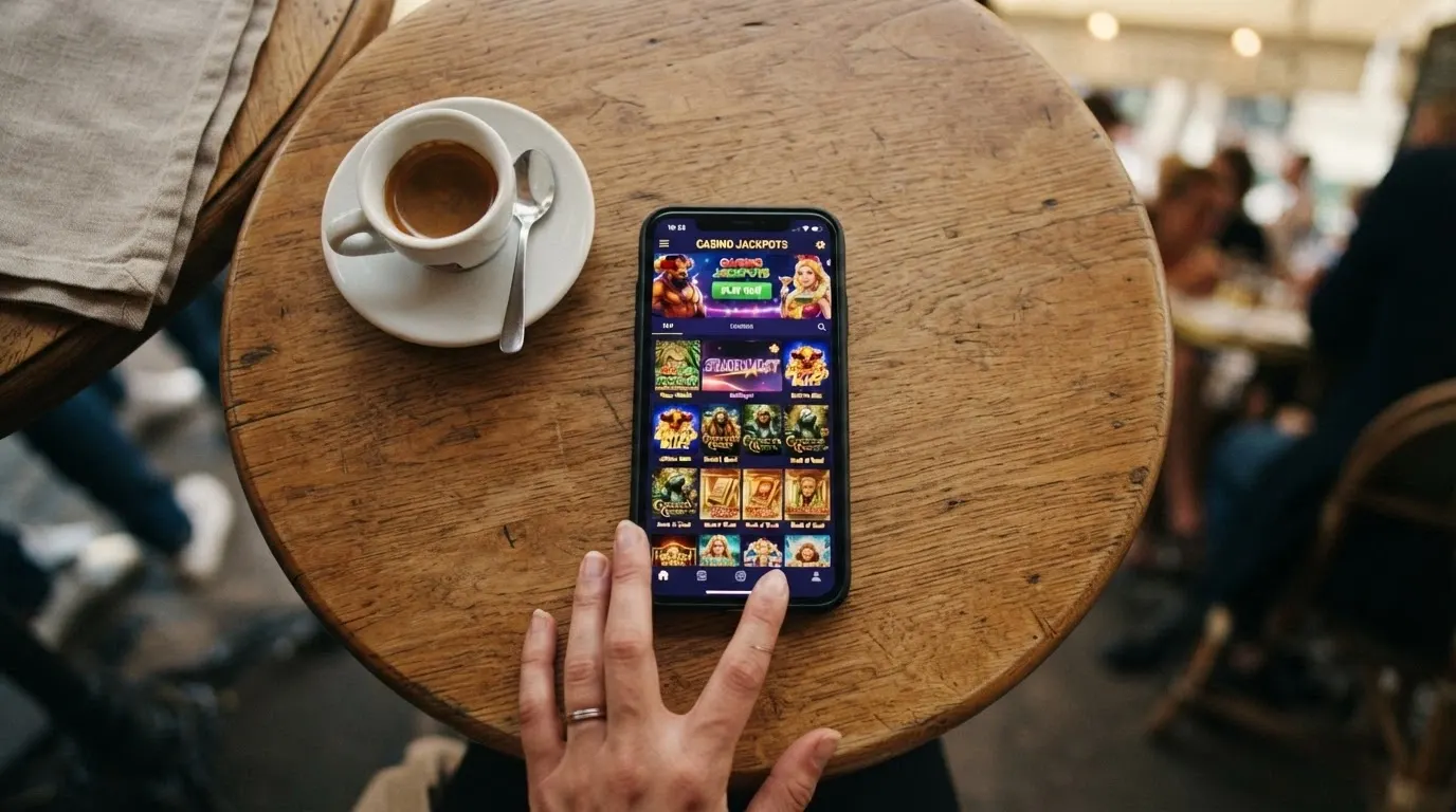 Una mano sujetando un teléfono móvil con la web de Casino Barcelona cargada, sobre una mesa de café