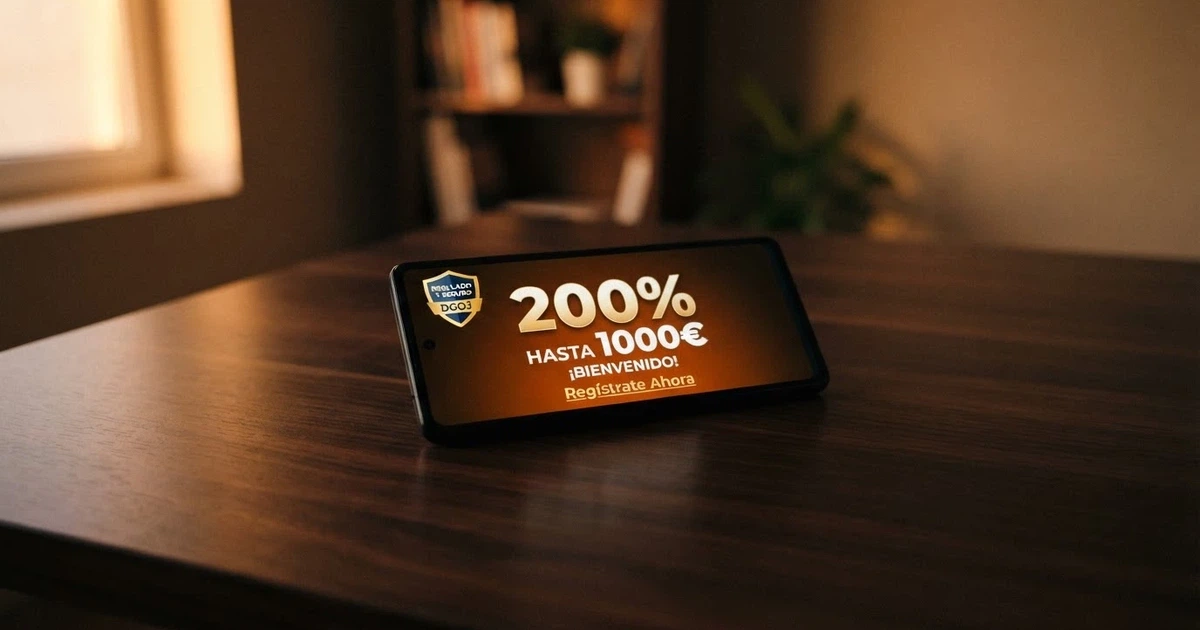 Pantalla de un casino online español mostrando una oferta de bono de bienvenida con sus términos y el sello de licencia DGOJ visible