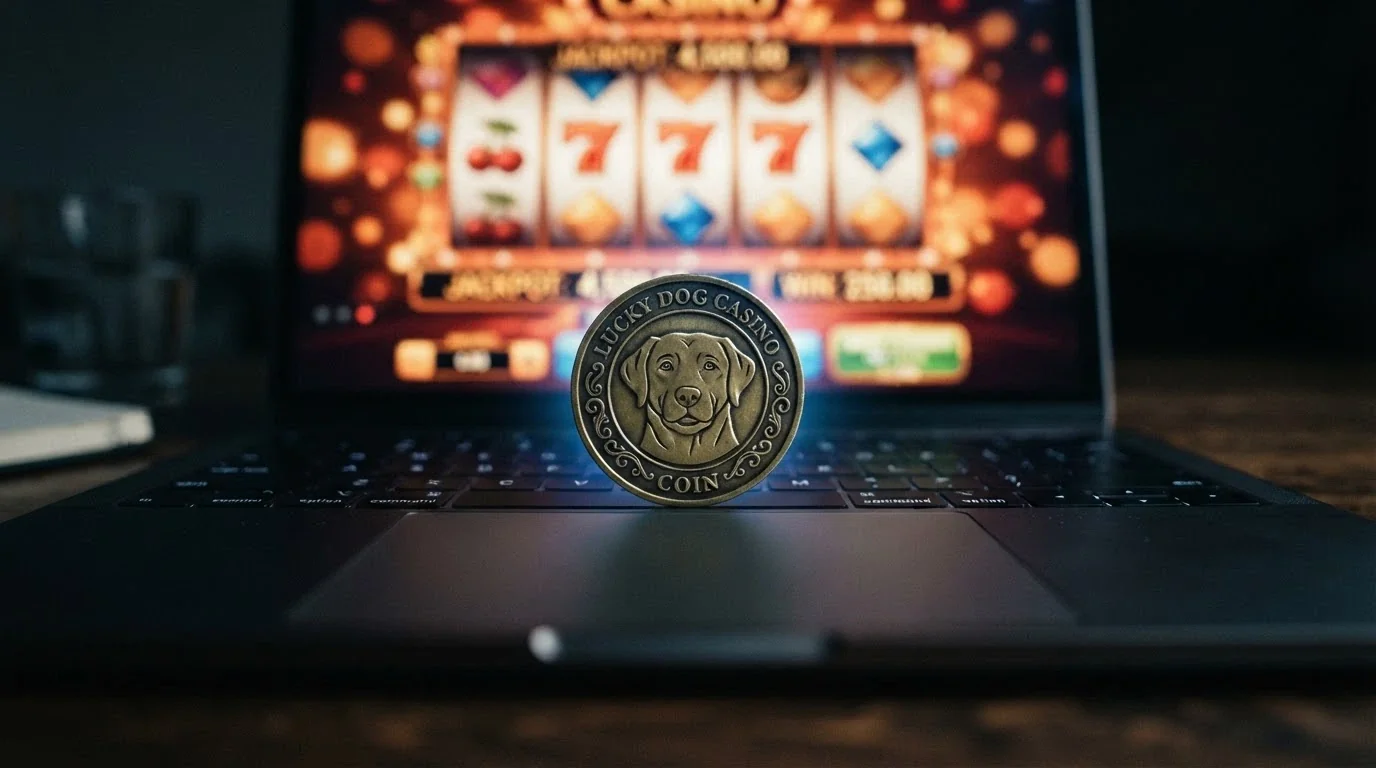 Una moneda de Dogecoin sobre un teclado con la interfaz de un casino online iluminada al fondo