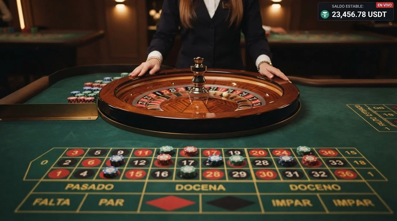 Mesa de ruleta en vivo con crupier real y la interfaz de apuestas en pantalla, con saldo mostrado en USDT