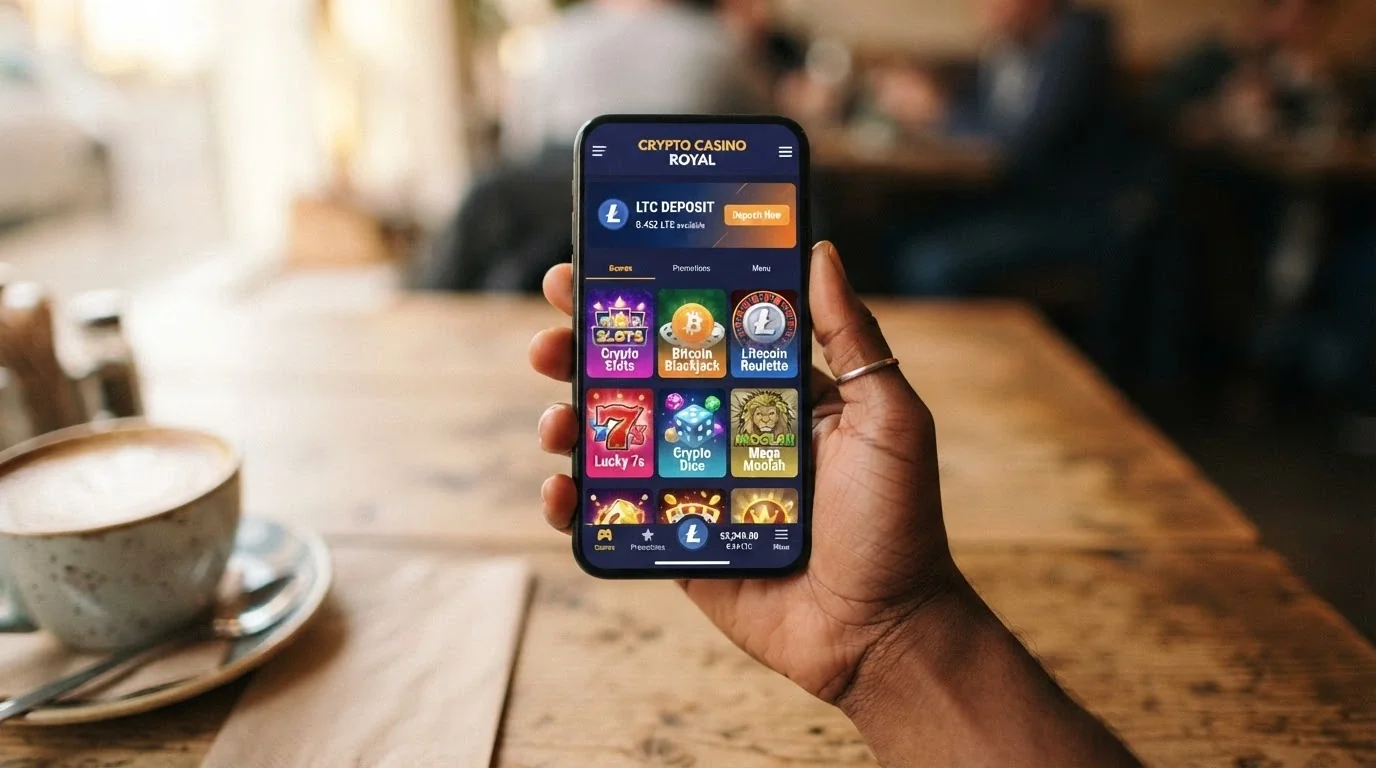 Mano sosteniendo un teléfono con la interfaz móvil de un casino crypto abierta y el logotipo de Litecoin visible en la pantalla